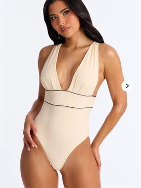Cream Plunge One-Piece Swimsuit with Contrast Piping Plus Sz 2X nwt